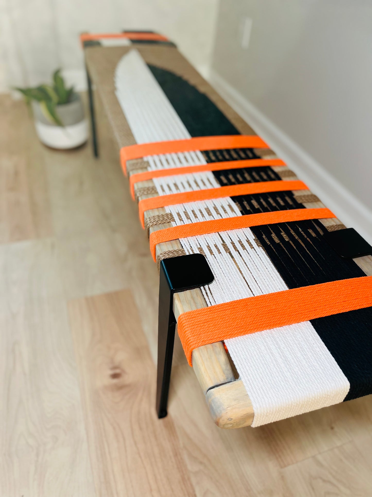 Mid Century Bench | Custom Size Woven Entryway Seating With Matte Black Legs