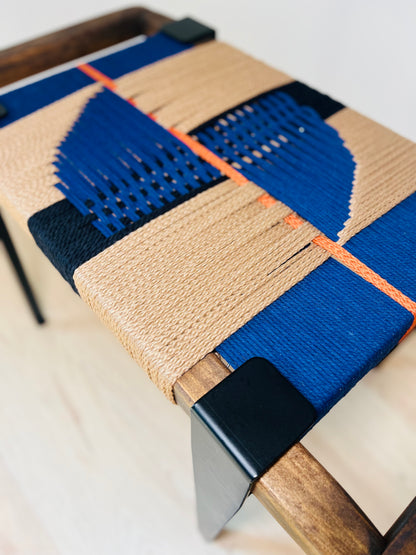 Mid Century Bench | Custom Size Woven Entryway Seating With Matte Black Legs