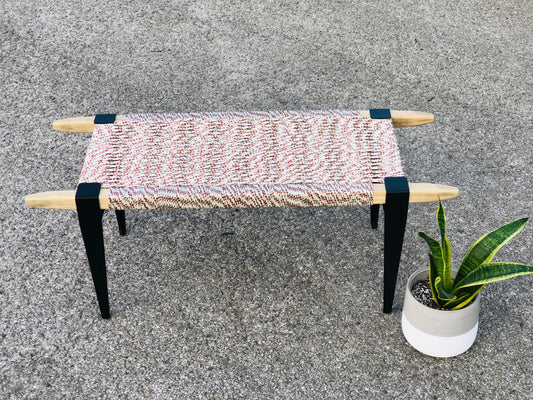 Mid Century Bench | Custom Size Woven Entryway Seating With Matte Black Legs