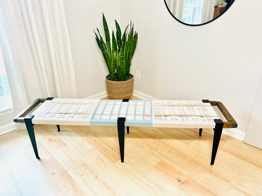 Mid Century Bench | Custom Size Woven Entryway Seating With Matte Black Legs