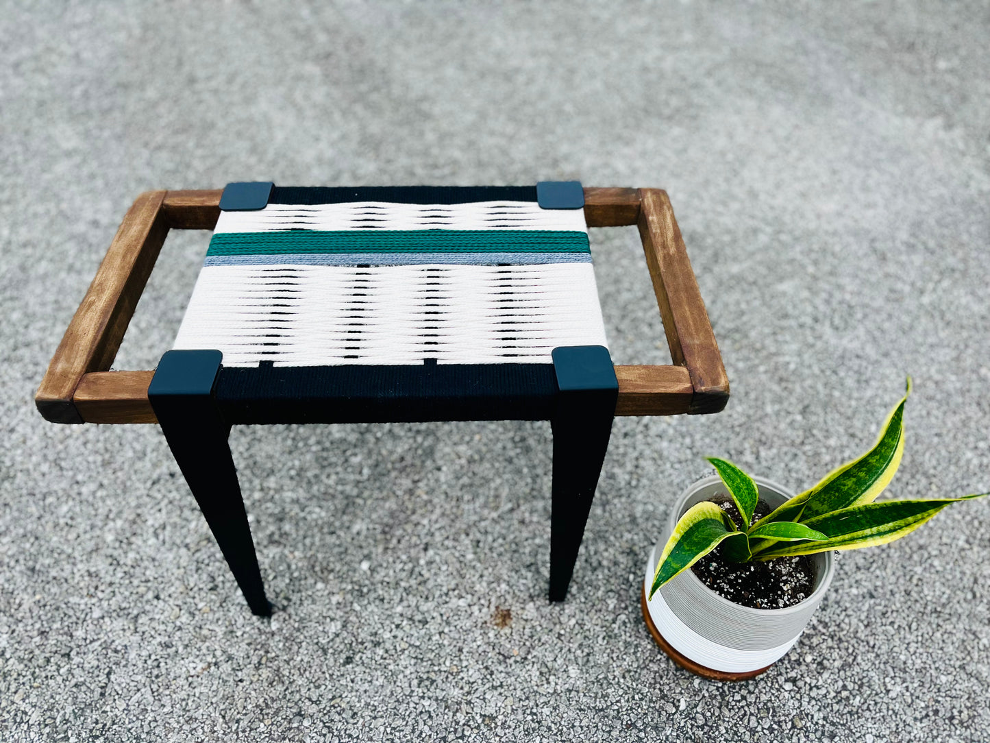 Mid Century Bench | Custom Size Woven Entryway Seating With Matte Black Legs