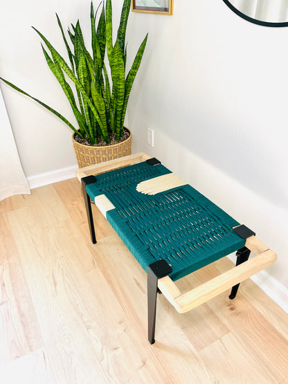 Mid Century Bench | Custom Size Woven Entryway Seating With Matte Black Legs