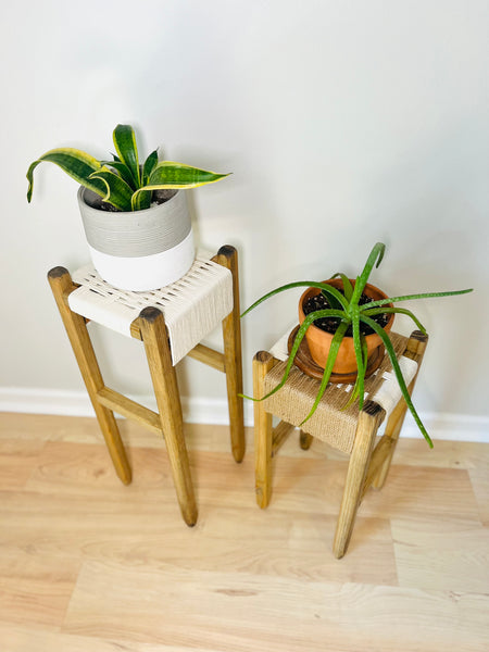 Mid-Century Modern Style Woven Indoor Plant Stands (tall set of 2)