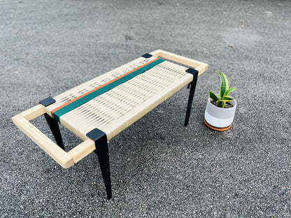 Mid Century Bench | Custom Size Woven Entryway Seating With Matte Black Legs