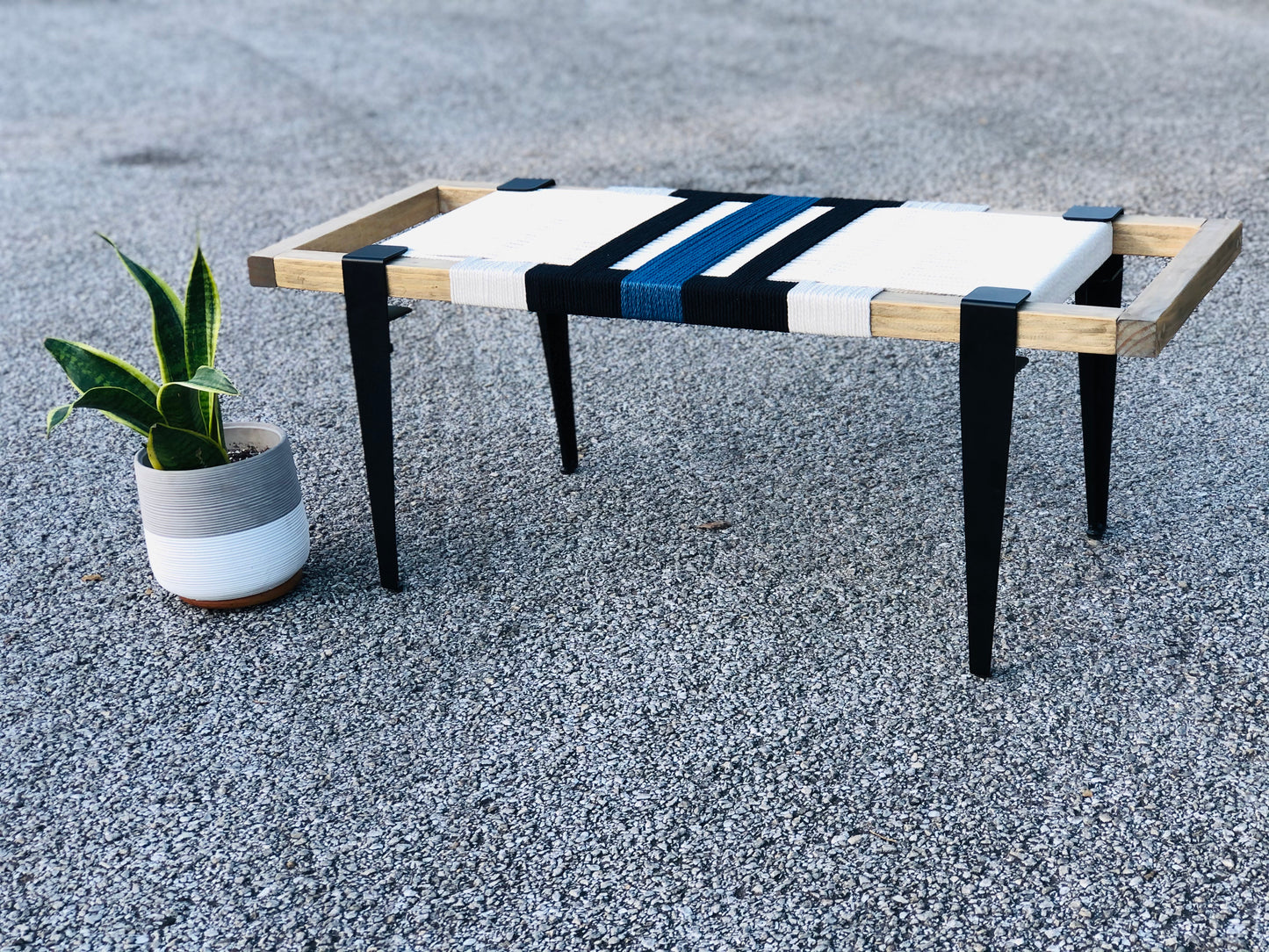 Mid Century Bench | Custom Size Woven Entryway Seating With Matte Black Legs