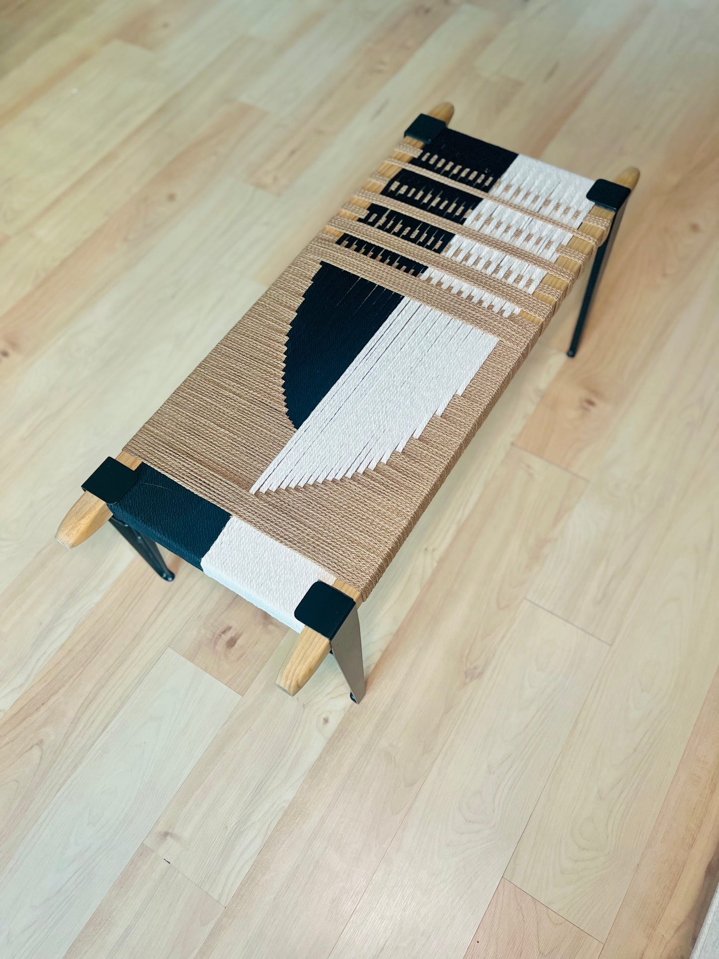 Mid Century Bench | Custom Size Woven Entryway Seating With Matte Black Legs