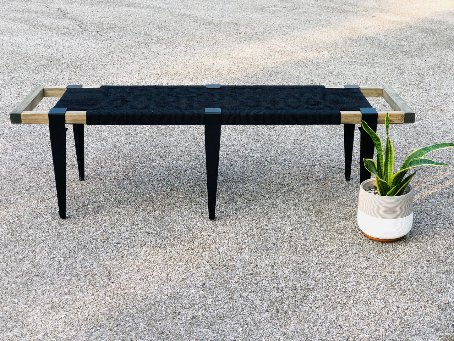 Mid Century Bench | Custom Size Woven Entryway Seating With Matte Black Legs