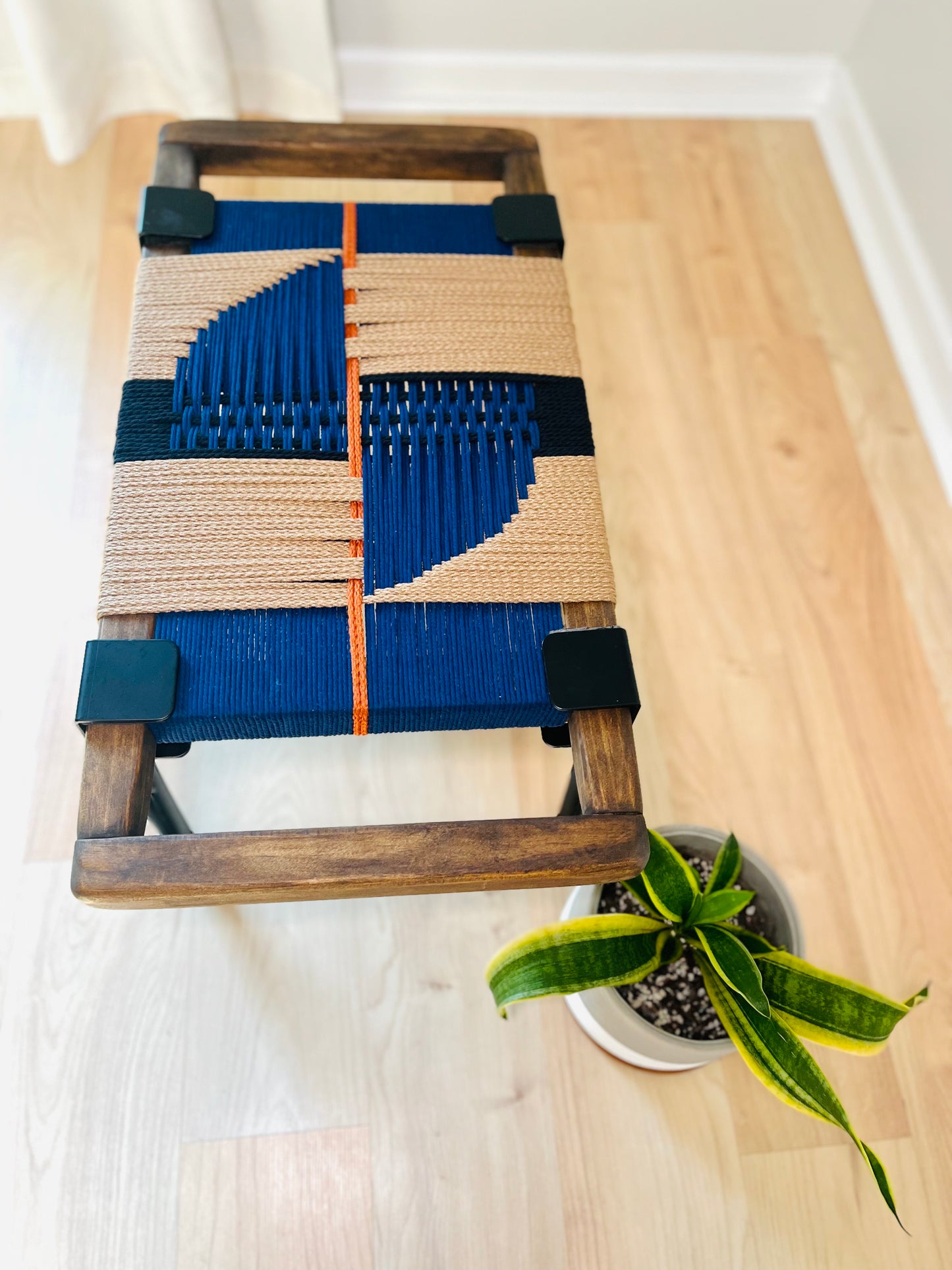 Mid Century Bench | Custom Size Woven Entryway Seating With Matte Black Legs
