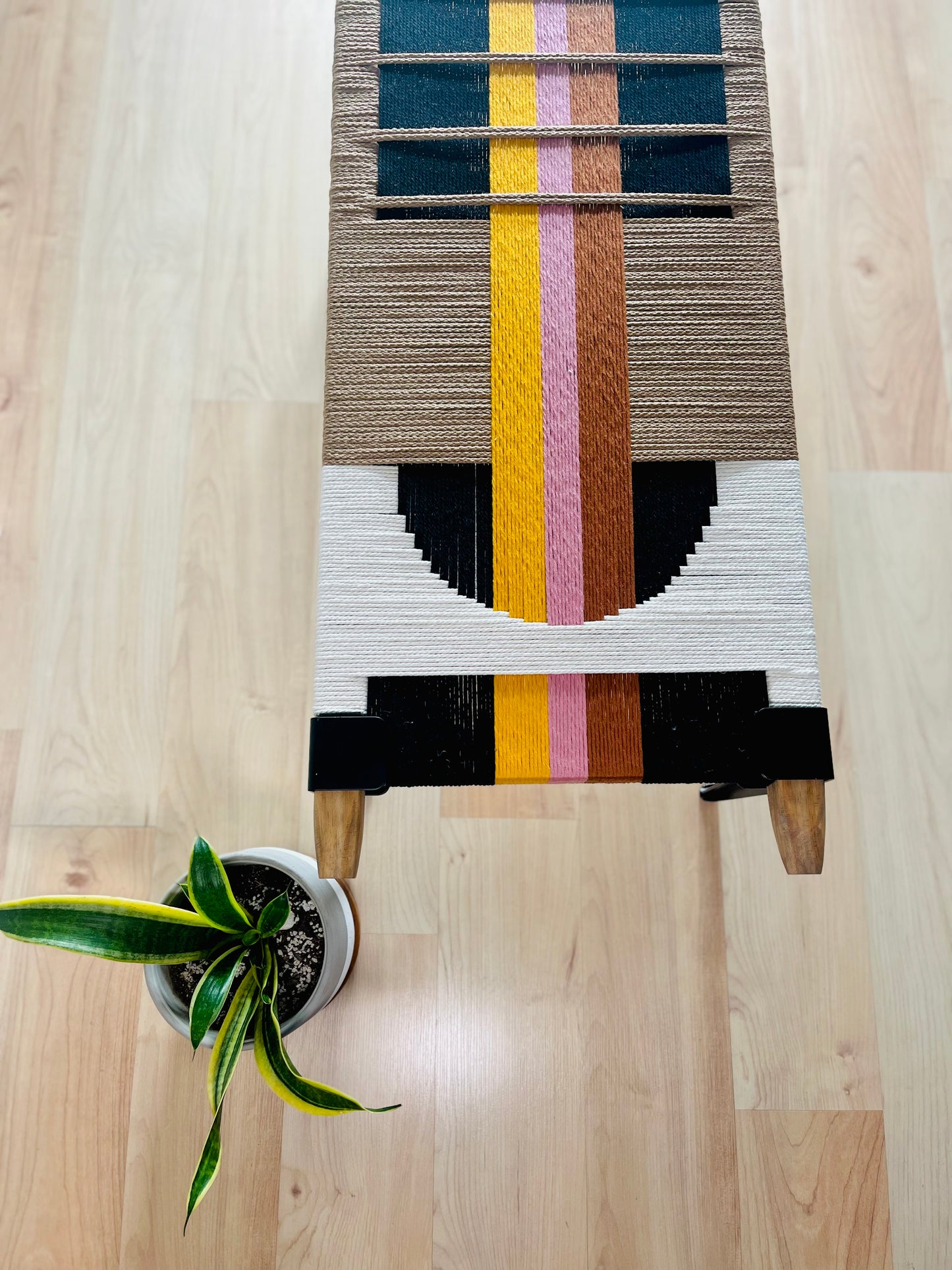 Mid Century Bench | Custom Size Woven Entryway Seating With Matte Black Legs