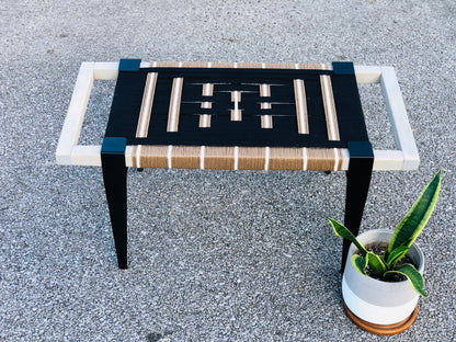 Mid Century Bench | Custom Size Woven Entryway Seating With Matte Black Legs