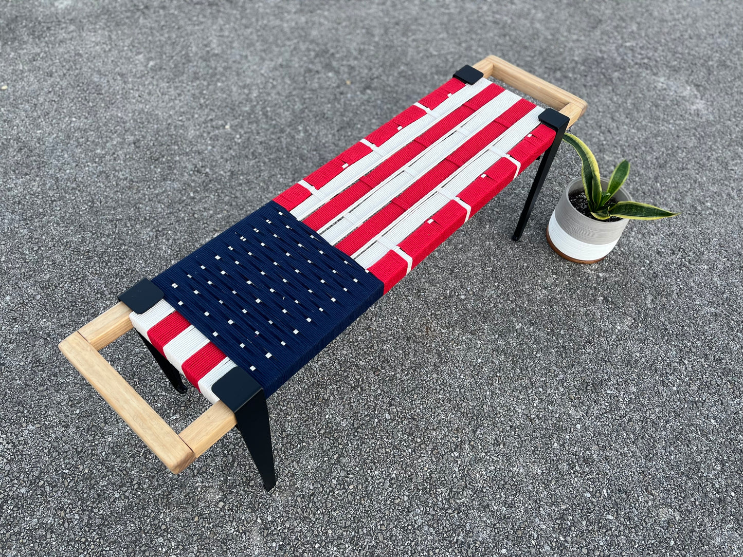 Mid Century Bench | Custom Size Woven Entryway Seating With Matte Black Legs