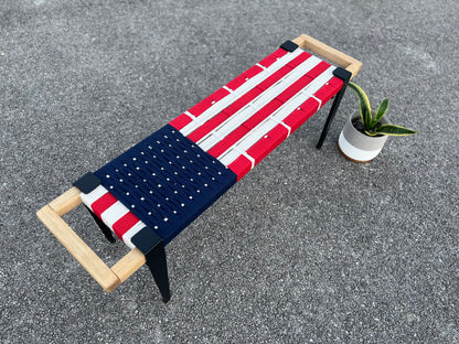 Mid Century Bench | Custom Size Woven Entryway Seating With Matte Black Legs
