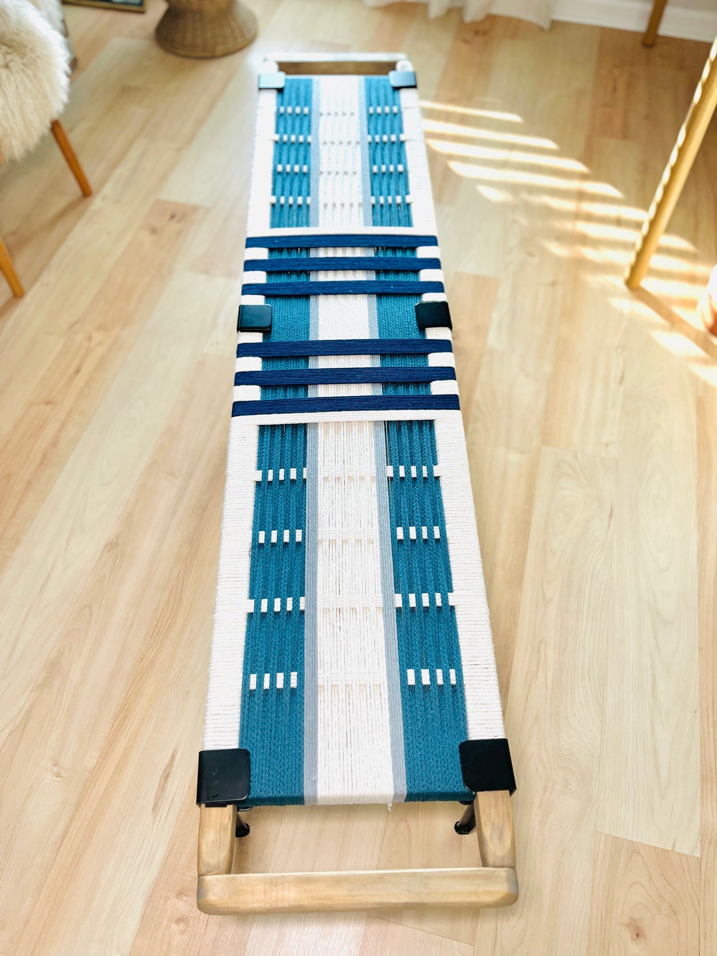 Mid Century Bench | Custom Size Woven Entryway Seating With Matte Black Legs