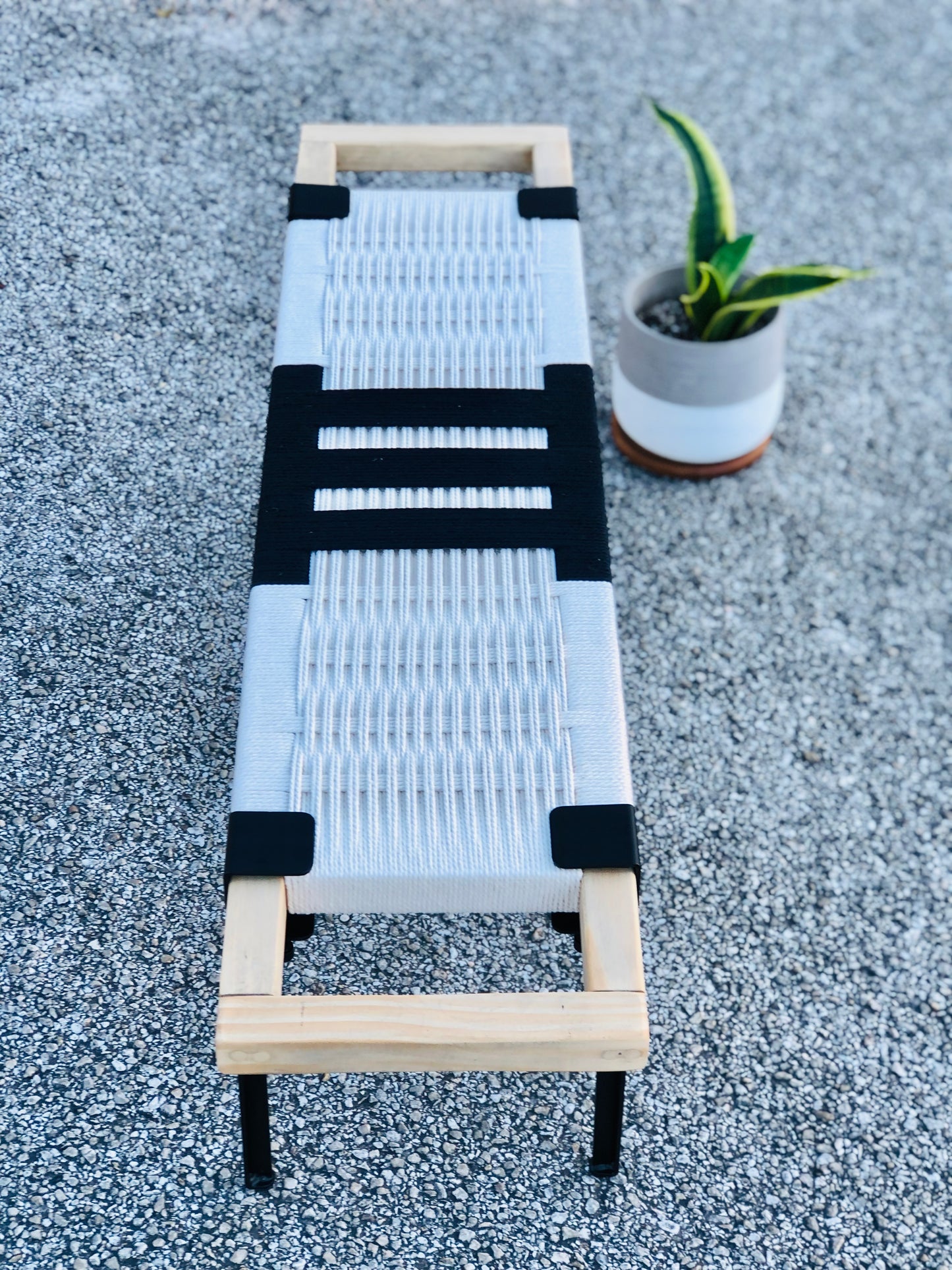 Mid Century Bench | Custom Size Woven Entryway Seating With Matte Black Legs