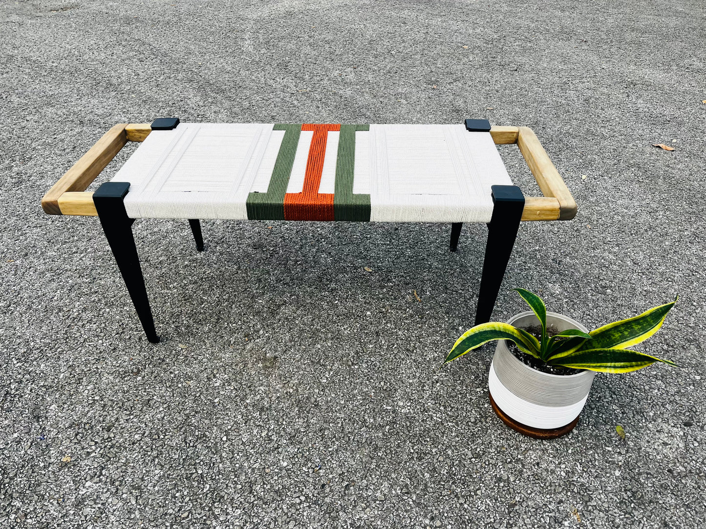 Mid Century Bench | Custom Size Woven Entryway Seating With Matte Black Legs