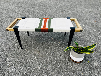 Mid Century Bench | Custom Size Woven Entryway Seating With Matte Black Legs