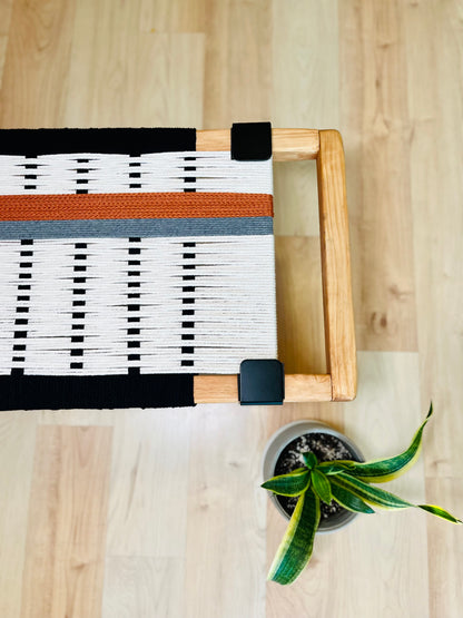 Mid Century Bench | Custom Size Woven Entryway Seating With Matte Black Legs