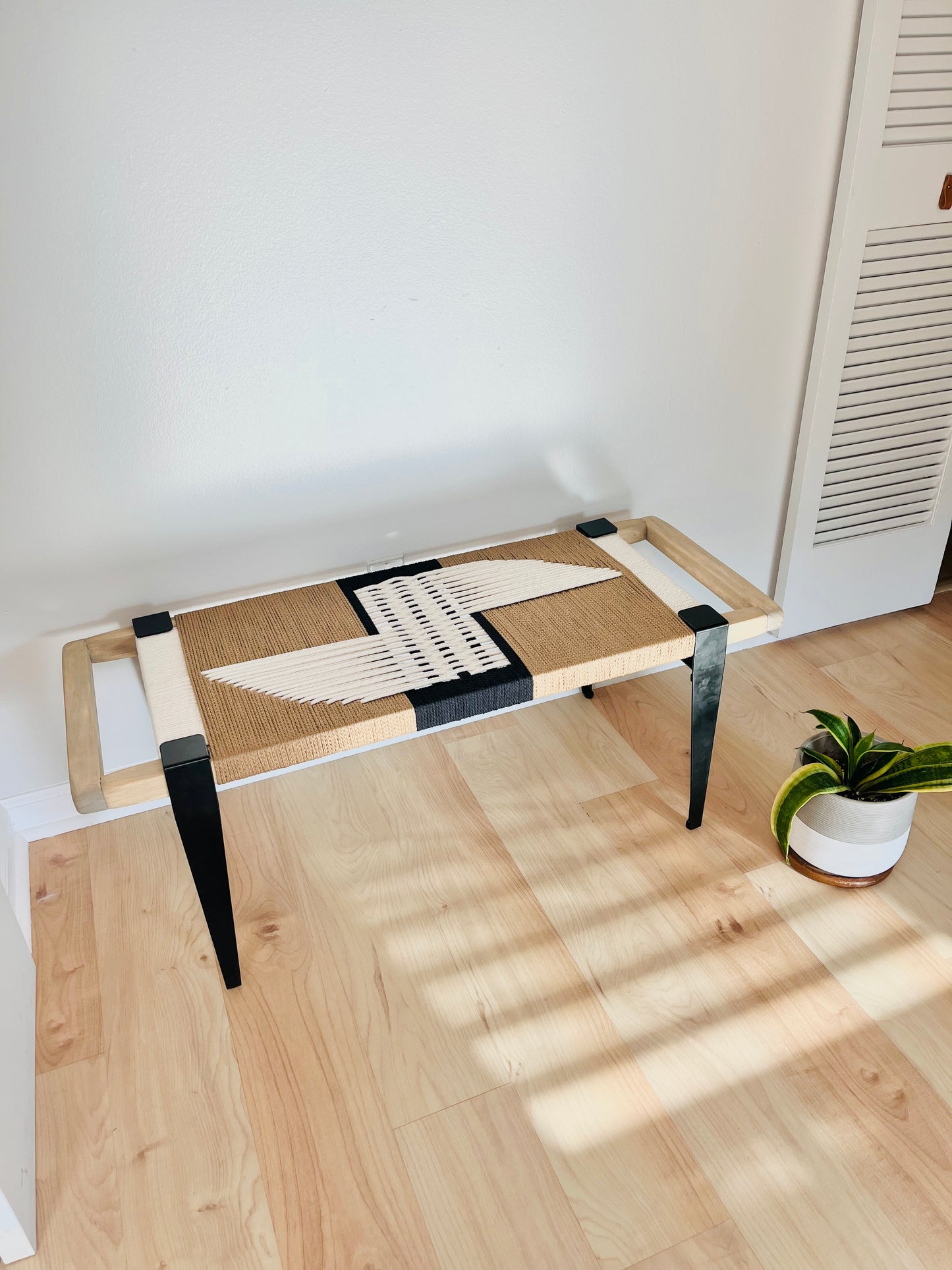 Mid Century Bench | Custom Size Woven Entryway Seating With Matte Black Legs