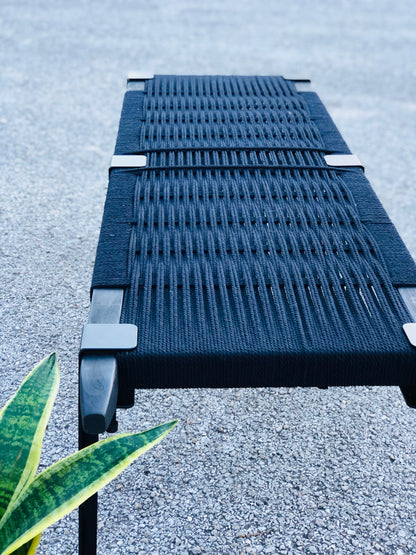 Mid Century Bench | Custom Size Woven Entryway Seating With Matte Black Legs