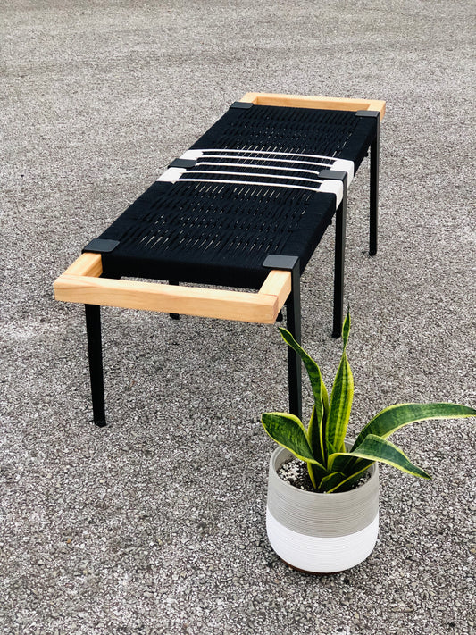 Mid Century Bench | Custom Size Woven Entryway Seating With Matte Black Legs