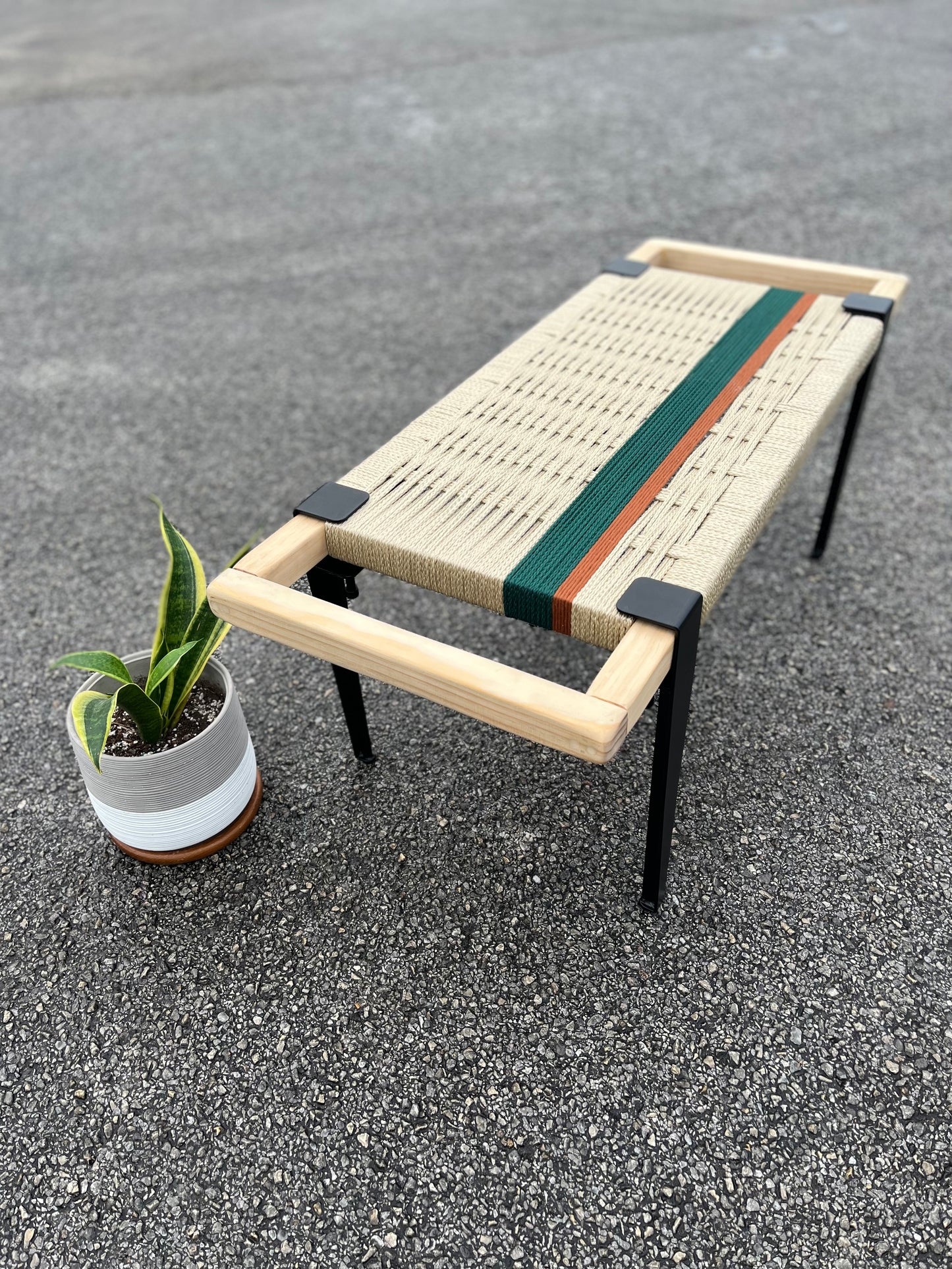 Mid Century Bench | Custom Size Woven Entryway Seating With Matte Black Legs
