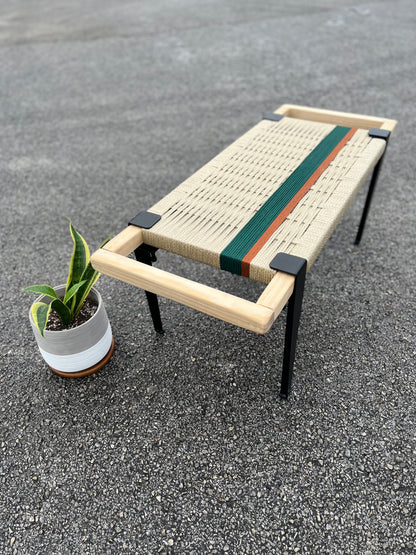 Mid Century Bench | Custom Size Woven Entryway Seating With Matte Black Legs