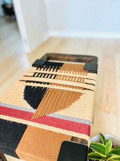 Mid Century Bench | Custom Size Woven Entryway Seating With Matte Black Legs