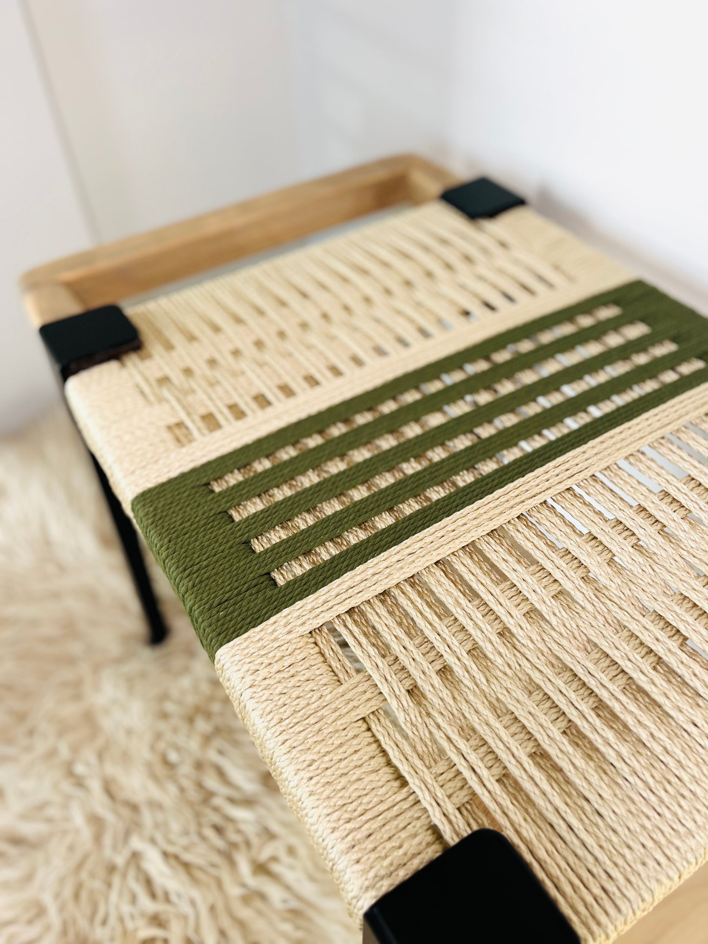 Mid Century Bench | Custom Size Woven Entryway Seating With Matte Black Legs