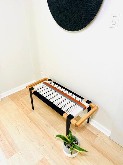 Mid Century Bench | Custom Size Woven Entryway Seating With Matte Black Legs
