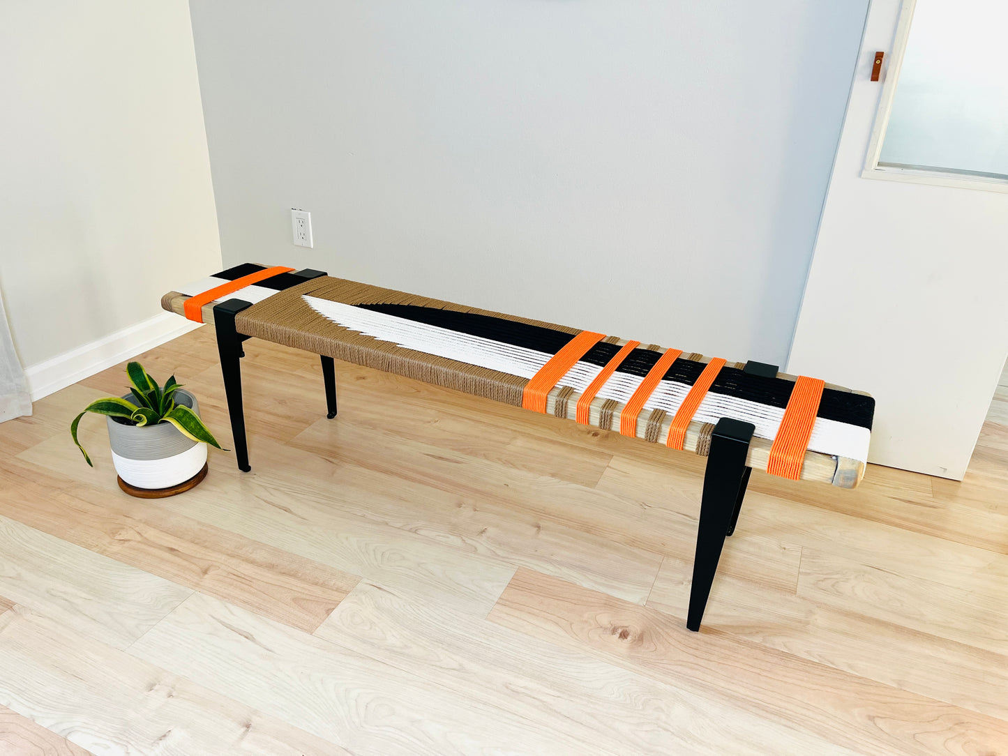 Mid Century Bench | Custom Size Woven Entryway Seating With Matte Black Legs