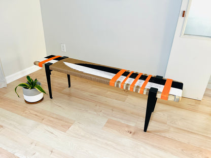Mid Century Bench | Custom Size Woven Entryway Seating With Matte Black Legs