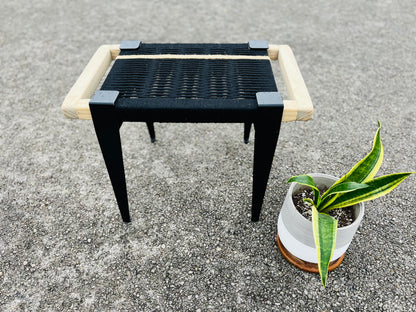 Mid Century Bench | Custom Size Woven Entryway Seating With Matte Black Legs