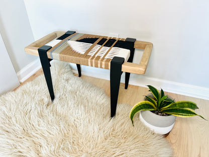Mid Century Bench | Custom Size Woven Entryway Seating With Matte Black Legs