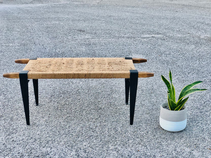 Mid Century Bench | Custom Size Woven Entryway Seating With Matte Black Legs