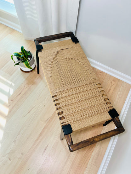 Mid Century Bench | Custom Size Woven Entryway Seating With Matte Black Legs