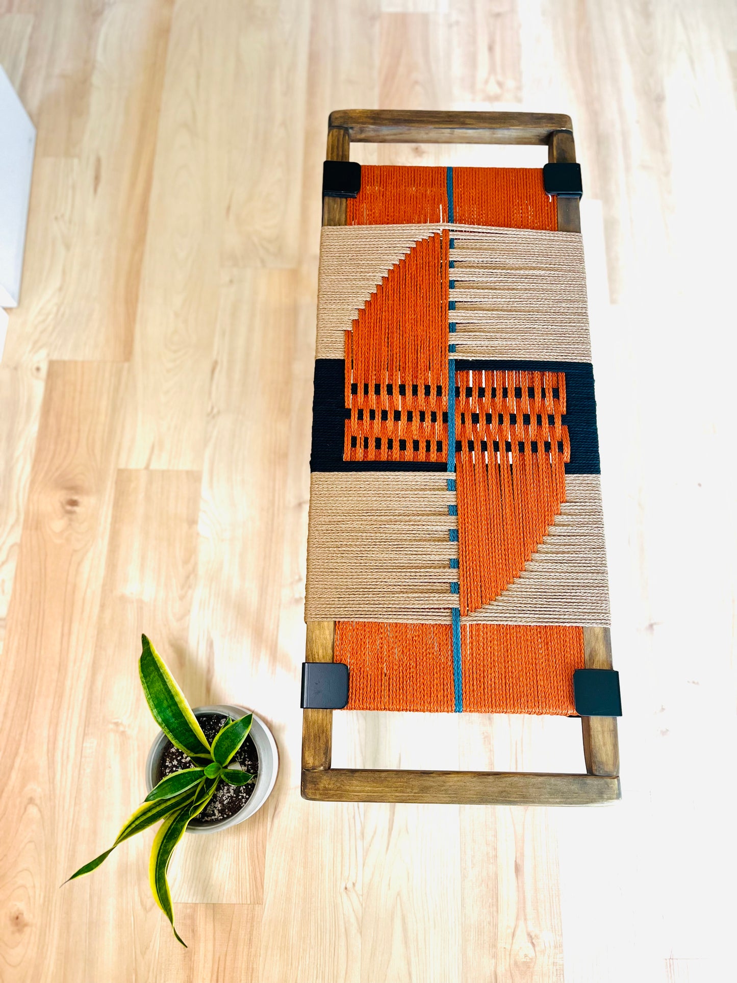 Mid Century Bench | Custom Size Woven Entryway Seating With Matte Black Legs