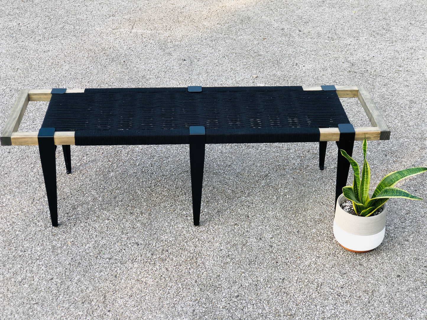 Mid Century Bench | Custom Size Woven Entryway Seating With Matte Black Legs