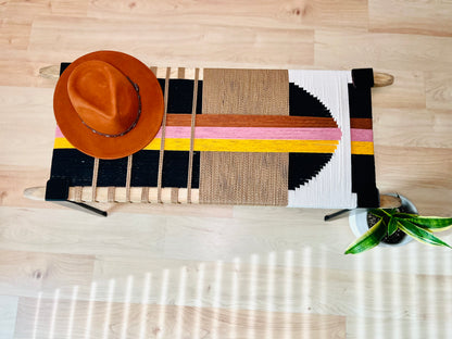 Mid Century Bench | Custom Size Woven Entryway Seating With Matte Black Legs