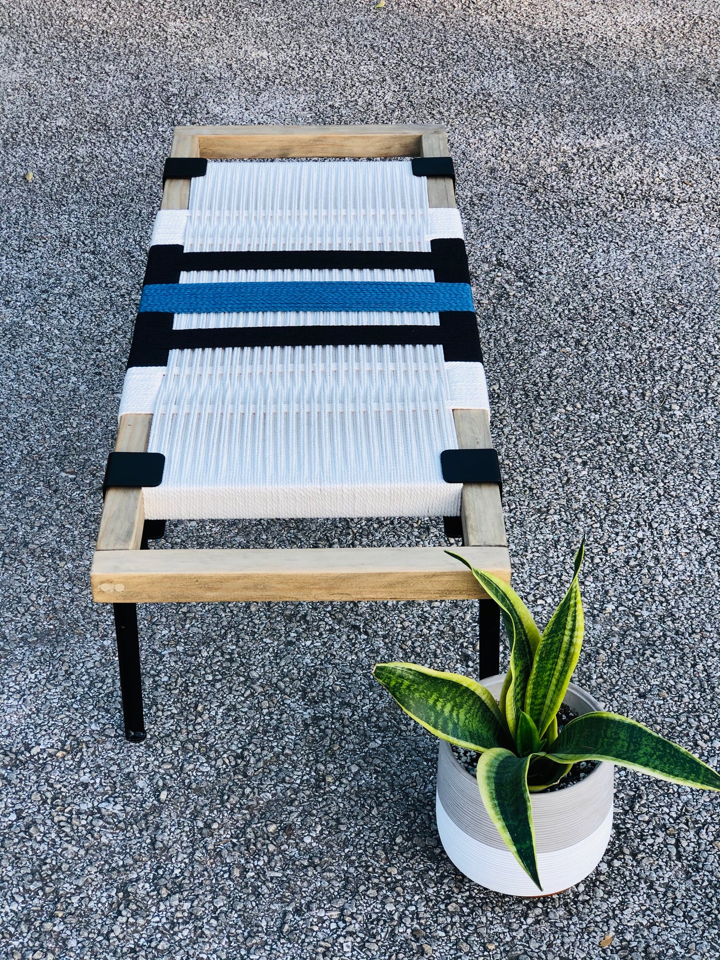 Mid Century Bench | Custom Size Woven Entryway Seating With Matte Black Legs