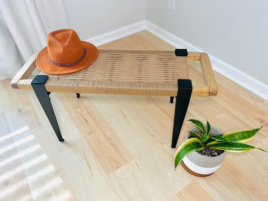 Mid Century Bench | Custom Size Woven Entryway Seating With Matte Black Legs