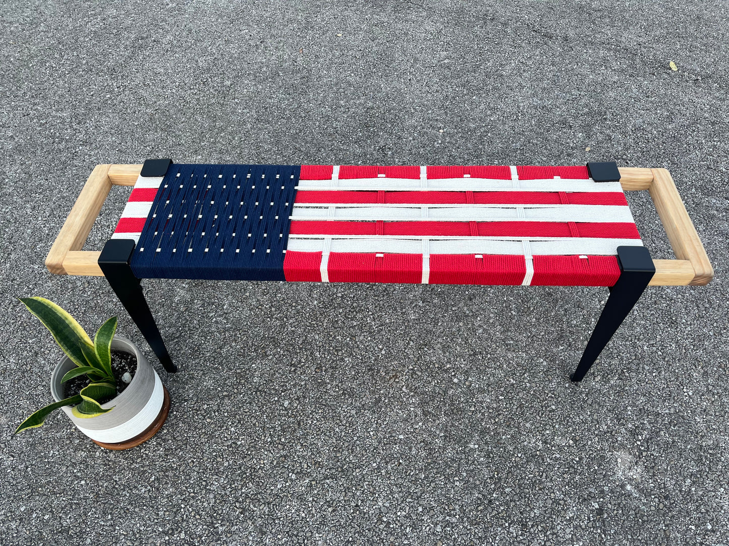 Mid Century Bench | Custom Size Woven Entryway Seating With Matte Black Legs