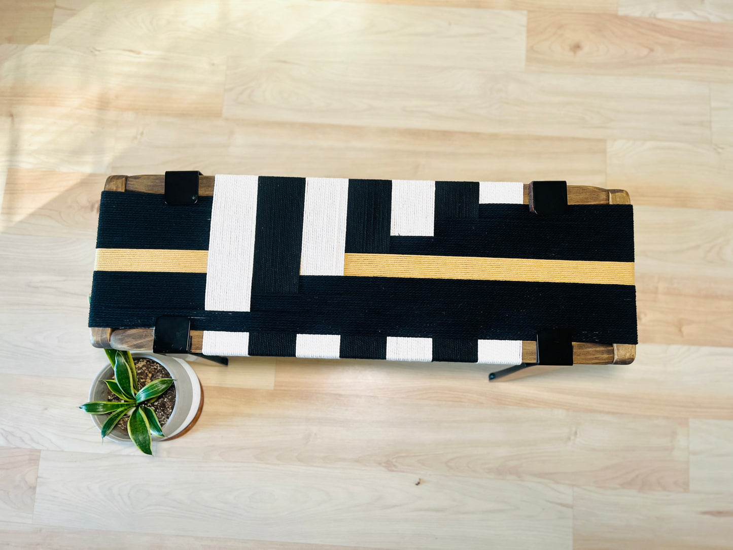 Mid Century Bench | Custom Size Woven Entryway Seating With Matte Black Legs