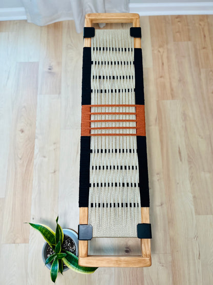 Mid Century Bench | Custom Size Woven Entryway Seating With Matte Black Legs