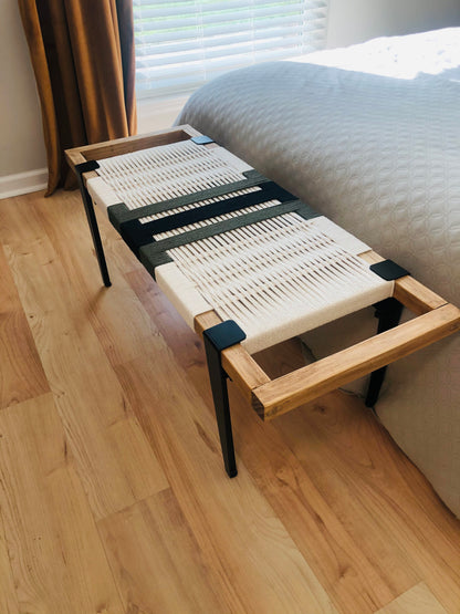 Mid Century Bench | Custom Size Woven Entryway Seating With Matte Black Legs