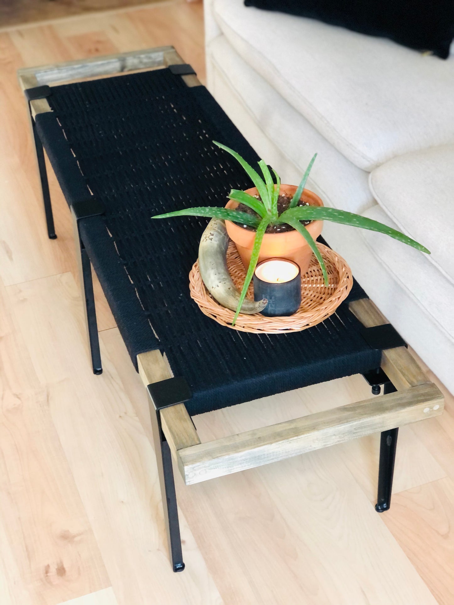 Mid Century Bench | Custom Size Woven Entryway Seating With Matte Black Legs