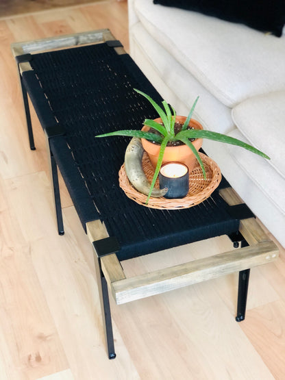 Mid Century Bench | Custom Size Woven Entryway Seating With Matte Black Legs