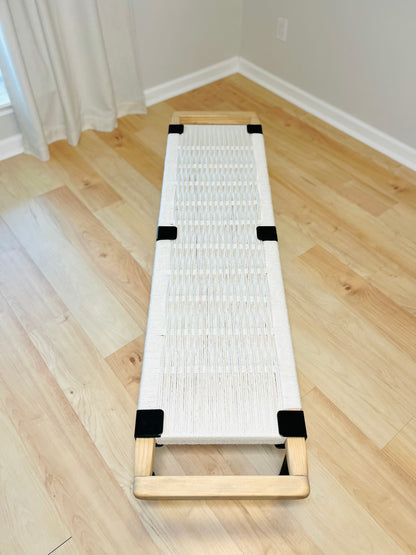 Mid Century Bench | Custom Size Woven Entryway Seating With Matte Black Legs