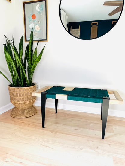 Mid Century Bench | Custom Size Woven Entryway Seating With Matte Black Legs