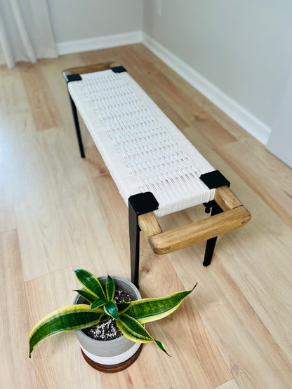 Mid Century Bench | Custom Size Woven Entryway Seating With Matte Black Legs
