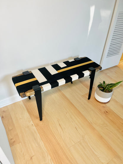Mid Century Bench | Custom Size Woven Entryway Seating With Matte Black Legs